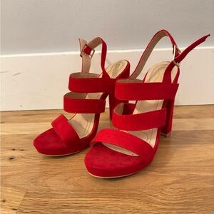 Red Suede Strappy Platform Heels